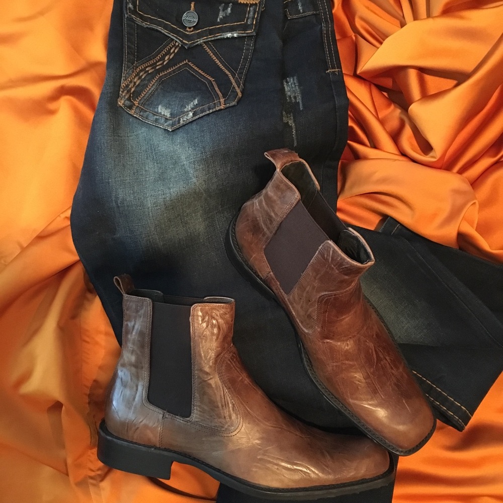 NEW MEN’S SQUARE -TOE BOOTS BROWN DISTRESSED LOOK